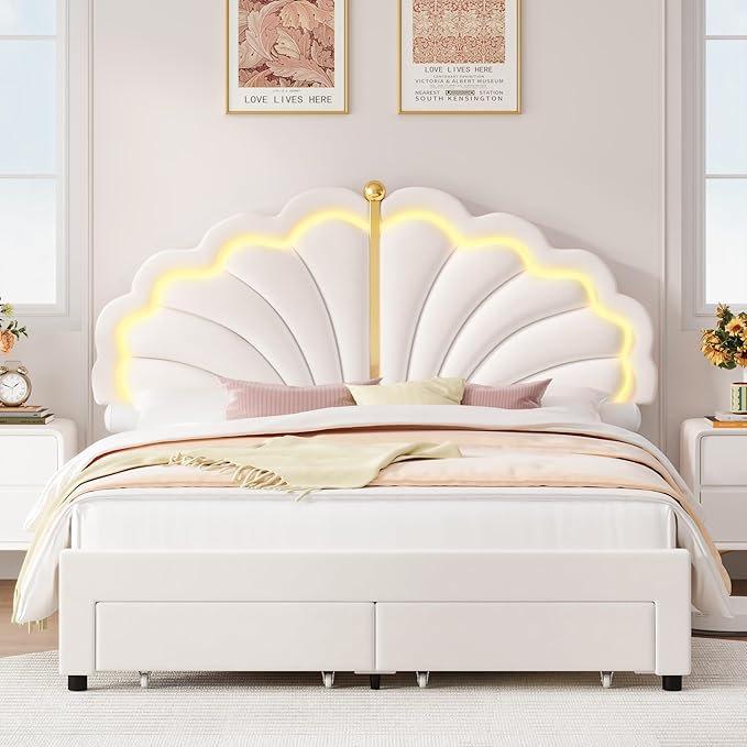 Keyluv Full Princess Bed Frame with Storage Drawers, Soft Velvet Upholstered LED Platform Bed with Adjustable Modern Shell Headboard, No Box Spring Needed, Noise-Free, Beige