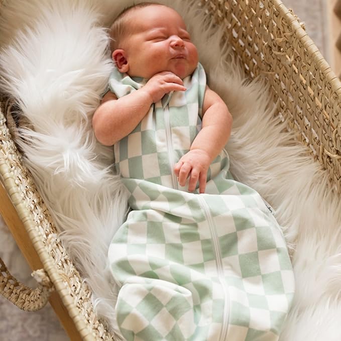Tiny Twinkle Baby Sleep Sack 0-3 Months 1.0 TOG, Cotton & Elastane Wearable Blanket, Swaddle Transition Micro-Fleece, Machine Washable (Sage Checkers)