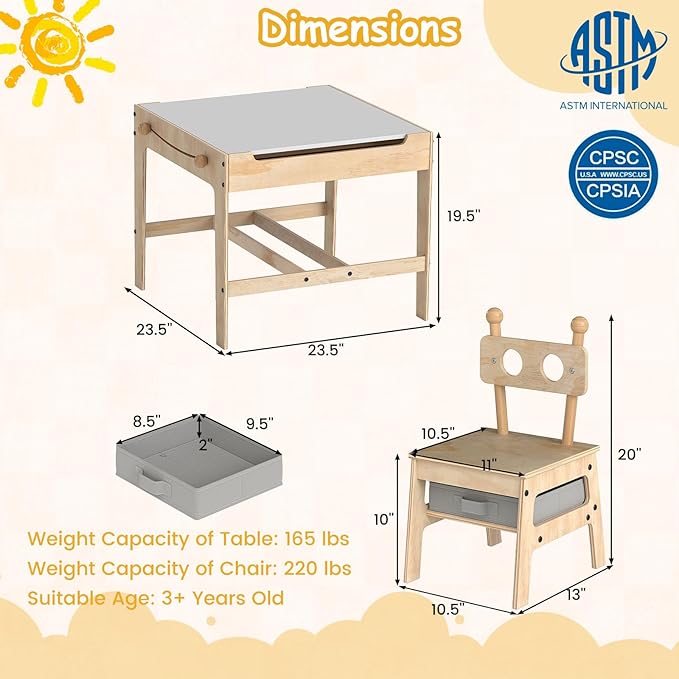 Costzon Kids Table and Chairs, 4 in 1 Wooden Activity Desk Set w/Reversible Whiteboard & Chalkboard, Hidden Storage Space and Drawers for Arts, Crafts, Play, Toddler Table and Chair Set (Alien Shape)