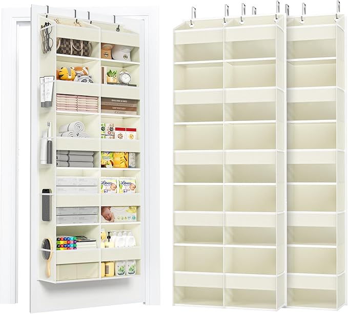 5-Tier Over The Door Organizer with 10 Side Mesh Pockets & Clear Windows, 80 lb Weight Capacity Hanging Storage for Bathroom, Bedroom, Nursery, Kitchen, Organizer Toys, Shoes, Diapers (Beige 2 Pack)