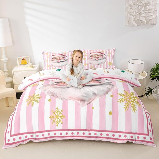 Manfei Cartoon Santa Claus Duvet Cover,New Yrar Decor Golden Snowflake Christmas Theme Bedding Set for Bedroom Decor,Girly Pink Geometric Stripes All Season Bedding (NO Comforter) King Size