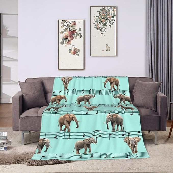 Elephant Blanket Musical Notes Decor Throw Blanket Super Soft Flannel Lightweight Fluffy Plush Fuzzy Fleece Blanket Gifts for Girl Woman Boys Kids Adults Man for Bed Sofa 60"X80"