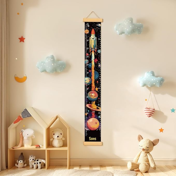 Personalized Name Kids Growth Chart, Watercolor Animal Canvas Baby Height Growth Chart Wall Decor for Baby Kids Toddlers (Rocket)