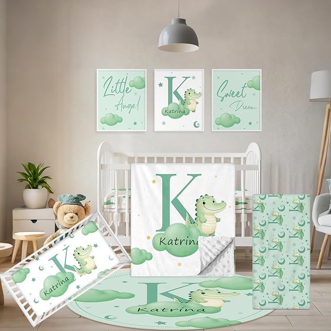 Custom Baby Bedding Set, 5 Pcs Personalized Baby Crib Sets with Name, Toddler Bedding Set for Baby Girls Boys, Green Crocodile Double Layer Nursery Bedding Set, Customized Gifts for Infants