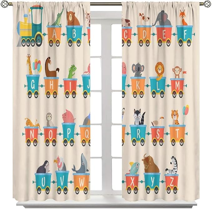 Kids Alphabet Curtains Funny Trains Letter Education School Cute Cartoon Animal Printed Curtain with Rod Pocket for Bedroom Living Room Drapes Window Treatments 2 Panels Set 63" W X 63" L