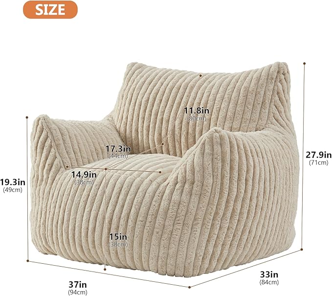 Giant Bean Bag Chairs for Adults with Filling Plush Fluffy Bean Bag Chairs for Teens with Armrests Comfy BeanBag Lazy Couch Sofa Chair for Bedroom Living Room Reading