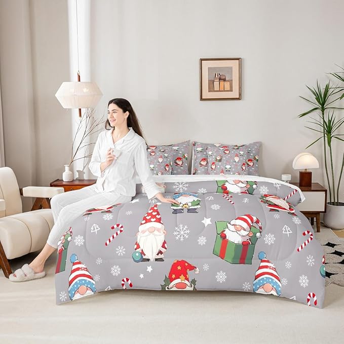 Christmas Gnomes Comforter Set With Sheets 7 Piece King Size Cute Snowflakes Candy Bedding Set for Kids Boys Girls Grey Bed in a Bag Reversible Xmas Decor Room Decor Soft Lightweight Microfiber