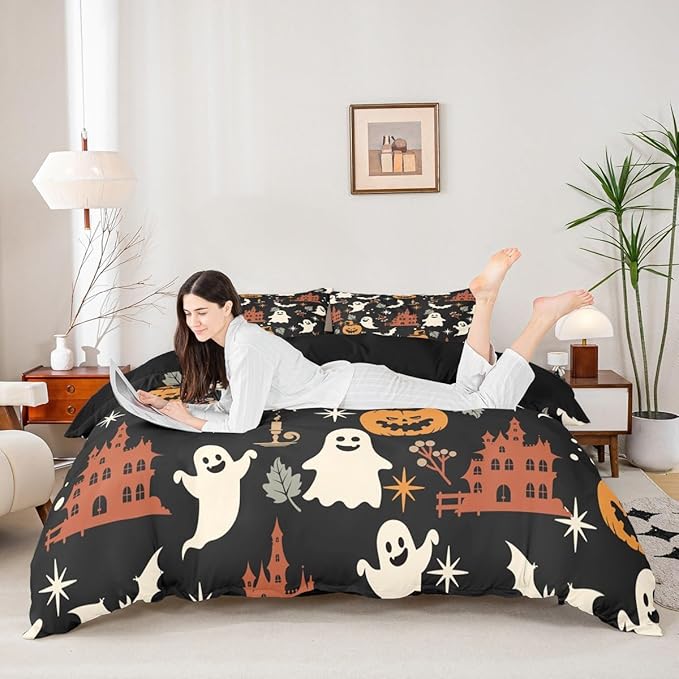 Halloween Bedding Duvet Cover Set Kids Cartoon Jack O Lantern Bedding Set Kids Ghost Pumpkin Lantern Decor Comforter Cover Set Microfiber Bats Castle Bedspread Cover Bedroom Bedclothes Queen Size
