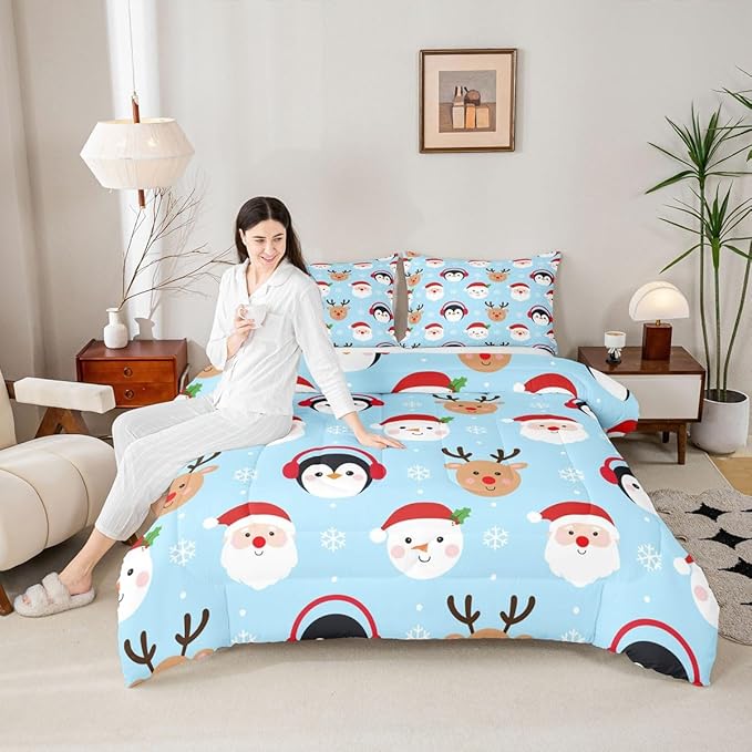 Feelyou Merry Christmas Comforter Set All Season Santa Claus Bedding Set with 2 Pillow Cases Deer Penguin Microfiber Kids King Bedclothes Snowman Bedroom Decor Duvet Quilt Breathable Soft Lightweight