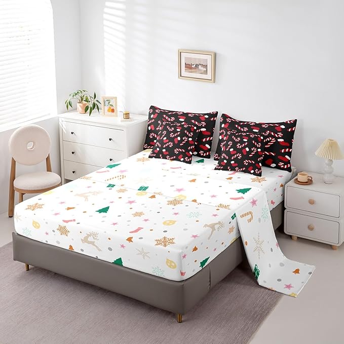 Merry Christmas Kids Bedding Set Xmas Theme Comforter Set with Sheets for Boys Girls Christmas Stockings Candy Decor Bed in a Bag Red Black Xmas Theme Bed Set 7Pcs Queen Size