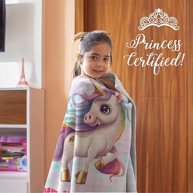Personalized Baby Unicorn Throw Blanket for Girls with Custom Name, Prancing Pony with Rainbow Mane and Tail, Cute Nursery Room Decor, Soft Plush Toddler Bedding for Babies, (Fleece 50x60)