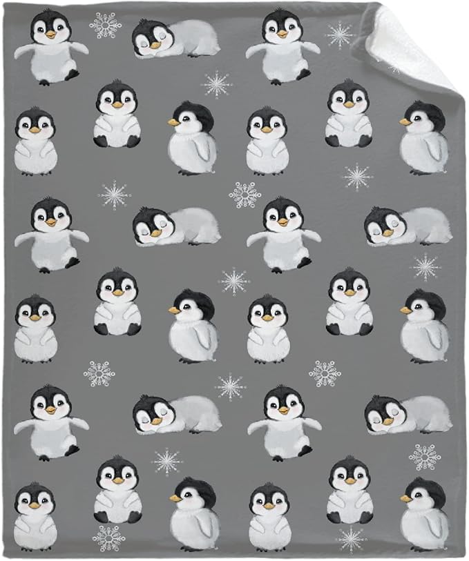 Thuswarm Cute Penguin Grey Flannel Throw Blanket Gifts Warm Cozy Soft Funny Print Blankets for Summer Room Decoration Bed Couch Sofa 120”×90” Extra Large for Family