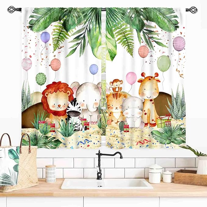 Jungle Safari Animals Curtains, Cartoon Animals Lion Giraffe Elephant Woodland Tropical Leaf Green Window Drapery for Kids Boys Girls Baby Living Room Bedroom Nursery 2 Panels, 55x39 Inch