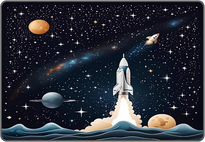 Space Rug for Kids Room Black Rocket Rugs for Boys Bedroom Stars Galaxy Carpet Planet Printed Throw Rugs for Teens Living Room,39 in x 79 in