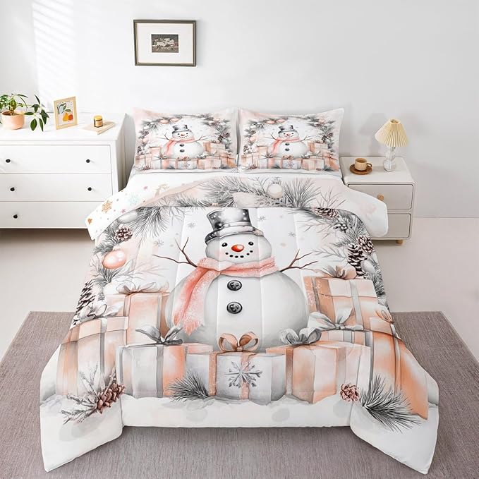 Feelyou Merry Christmas Comforter Set Queen Size Cute Snowman Bedding Set for Kids Boys Girls Duvet Quilt Snowflake Bedroom Decor Microfiber 3 Pcs with 2 Pillow Cases