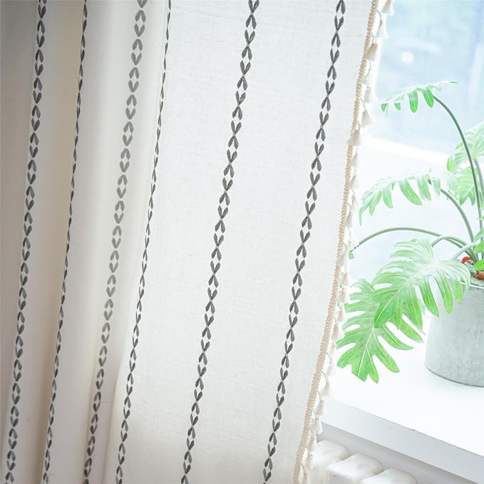 Deeprove Light Gray Boho Curtains 63 inches Length for Kitchen, Vintage Bohemian Embroidery Farmhouse Cotton Linen Striped French Country Tassel Window Treatments Decor, W52 x L63, 1 Panel