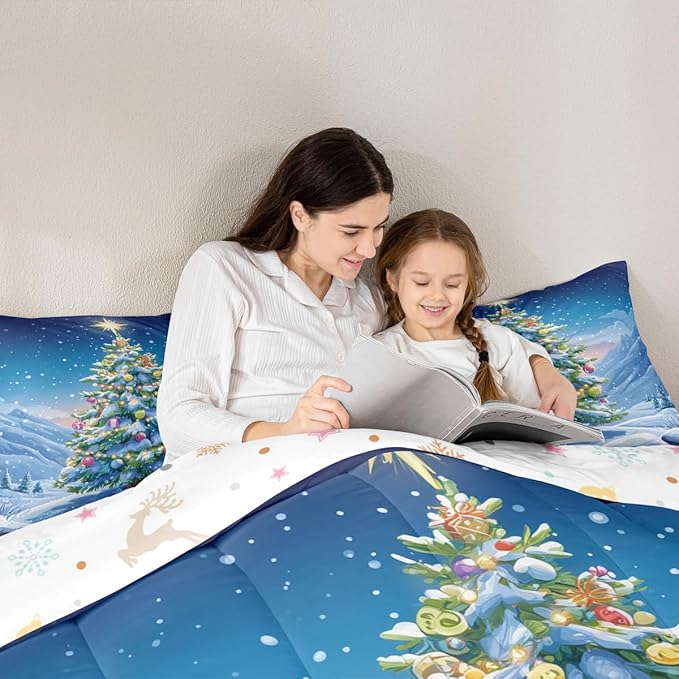 Feelyou Christmas Comforter Set Full Size Xmas Tree Bedding Set for Kids Boys Girls Winter Snowflake Duvet Quilt Christmas Tree Ornaments Bedroom Decor Microfiber 3 Pcs with 2 Pillow Cases
