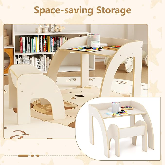 INFANS Kids Table and Chair Set, Wooden Activity Table for Toddlers Arts Crafts Drawing Reading Playing Building Block Drawing, Children Natural Furniture Set for Playroom Nursery