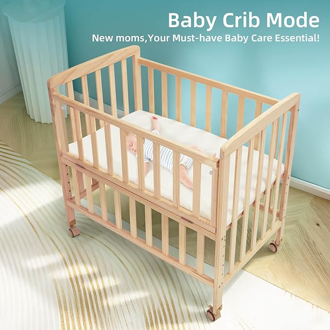 Portable Mini Baby Crib - Convertible Baby Cribs with Soft Foam Mattress(33 * 20"),6 Heights Bedside Bassinet Sleeper,Wheeled Bedside Crib Co Sleeper for Small Space,Unpainted