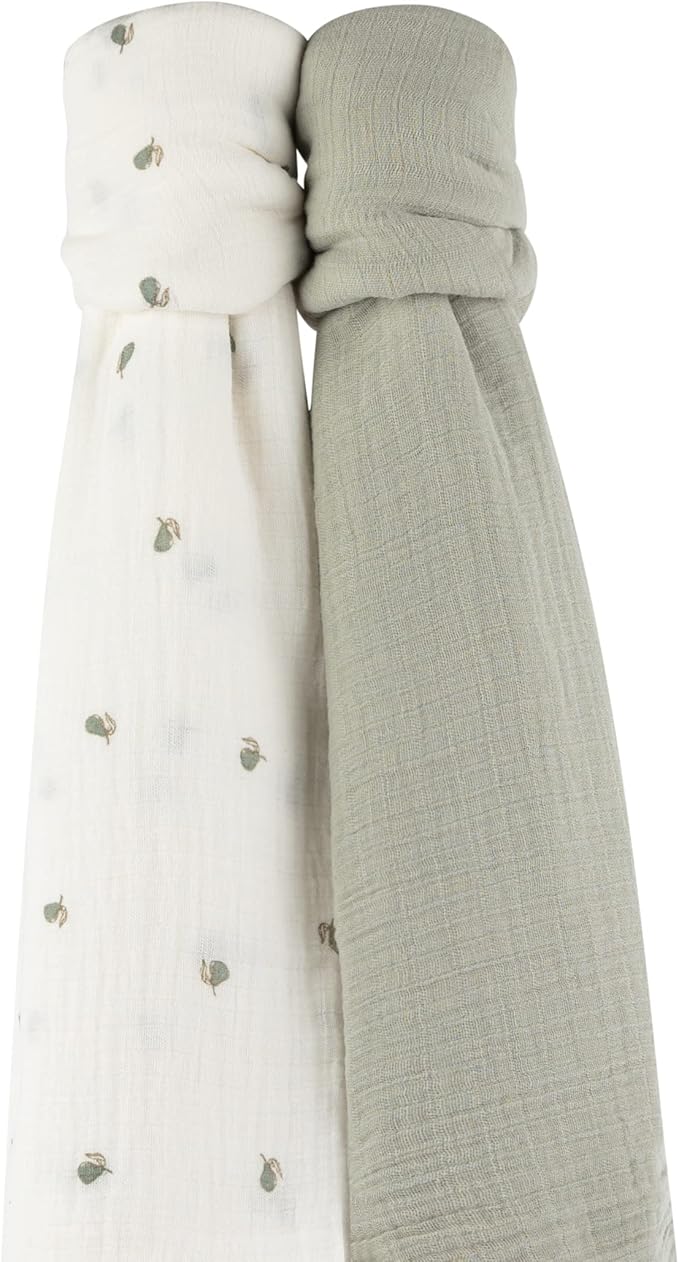 Ely's & Co. Muslin Swaddle Blanket 2-Pack — 100% Cotton Muslin Extra-Large Swaddle Blankets (47” x 47”) Solid + Printed (Sage Pear)