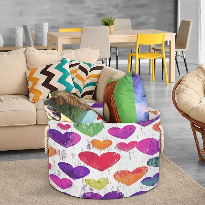Colorful Hearts Pattern Round Storage Basket for Laundry & Toys, Lightweight Fabric Laundry Hamper with Handles, Foldable Large Organizer Bin for Bedroom Bathroom Nursery Dorm