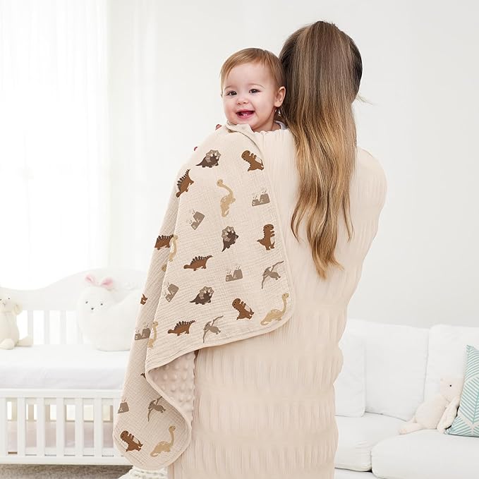 Susurration Baby Blanket for Unisex Boys Girls, Soft Nursery Minky Blanket with Muslin Cotton Front and Dotted Fleece Back, Receiving Blanket for Baby Newborn Infant, 30x40inch (Dinosaur)