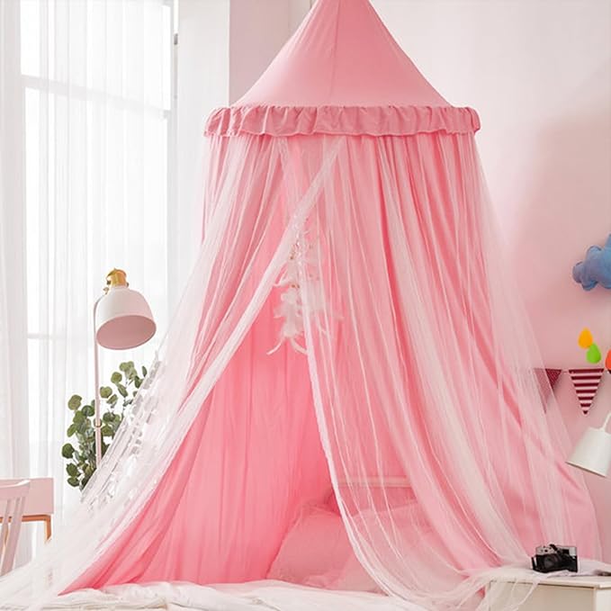 Bed Canopy for Girls, Double Layer Dome Mosquito Net Princess Canopy for Girls Bed Room Decor Reading Nook (Pink)