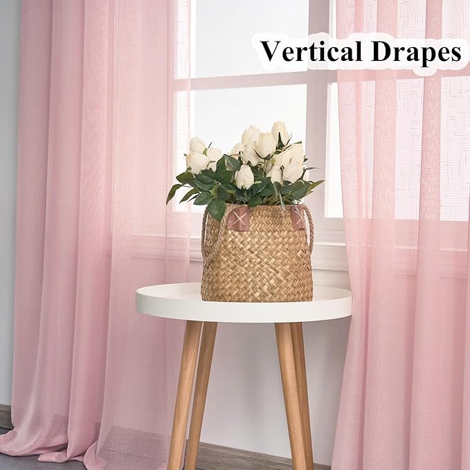 Blush Pink Sheer Curtains 84 Inches Long, Linen Look Textured Light Filtering Drapes for Girls Room Decor, Light Pink Transparent Window Treatments, Pinch Pleat Curtain with Hooks