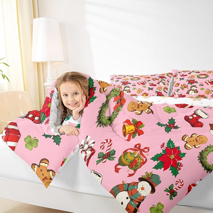 jejeloiu Merry Christmas Comforter Set King Size Cute Snowman Bedding Set for Kids Boys Girls Gingerbread Man Duvet Quilt Pink Bedroom Decor