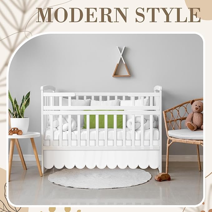 White Scalloped Crib Skirt 28"x 52" with 14" Drop Pleated Dust Ruffle with Split Corners for Baby Boys Girls Soft 4-Sided Crib Bed Skirt Nursery Standard Toddler Bedding