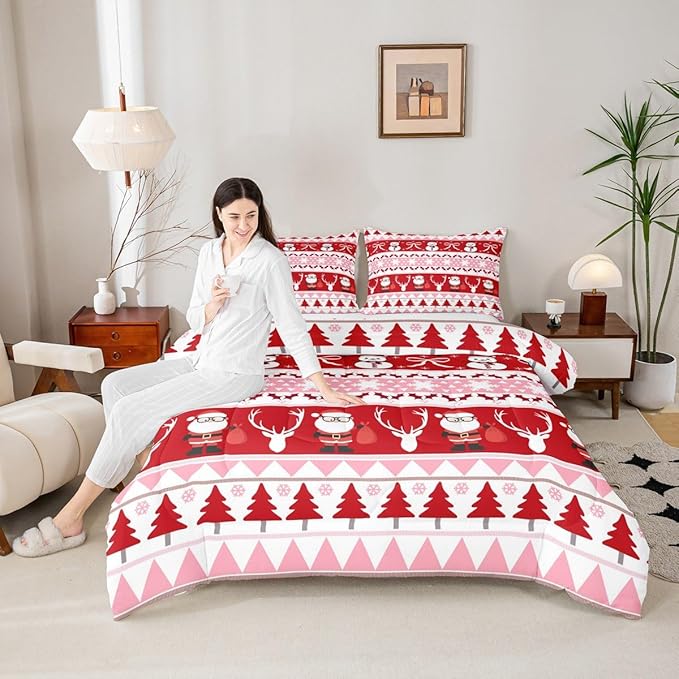 Feelyou Merry Christmas Tree Kids Comforter Set Queen Size Cute Snowman Bedding Set Santa Claus Duvet Quilt for Kids Boys Girls Bedroom Cartoon Bowknot Decor Microfiber Ultra Soft Breathable