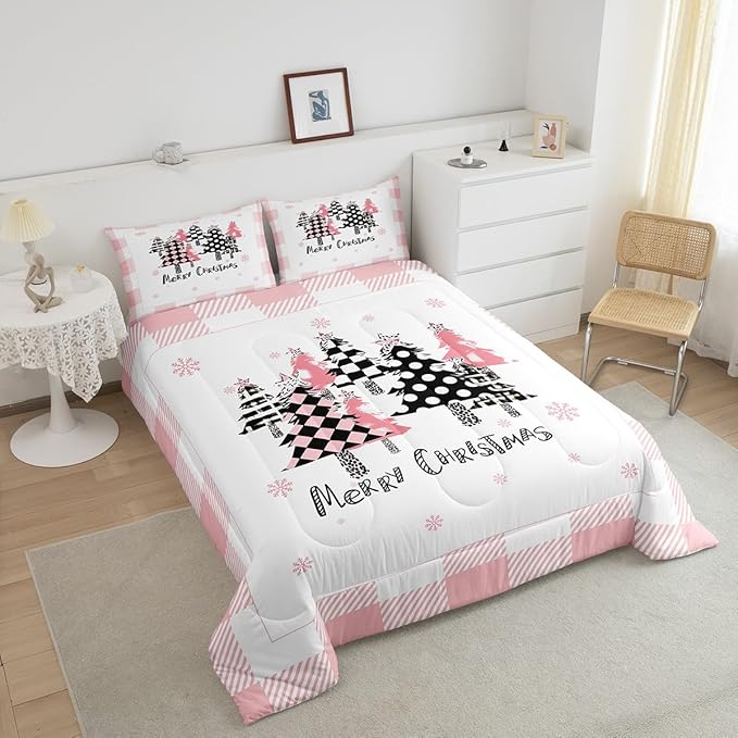 Manfei Merry Christmas Comforter Set Twin Size, Pink Plaid Xmas Trees Bedding Set 2pcs, New Year Cartoon Down Comforter for All Season, Kids Girls Santa Claus Bedroom Decor, 1 Pillowcase, No Sheets