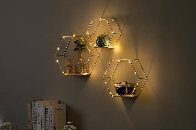 Large Size Golden Hexagon Shape Floating Shelves with LED Lights Wall Decor,Gold Metal Wire and Wood Base Wall Mounted Shelf Decorations for Home Bedroom Living Room - Set of 3