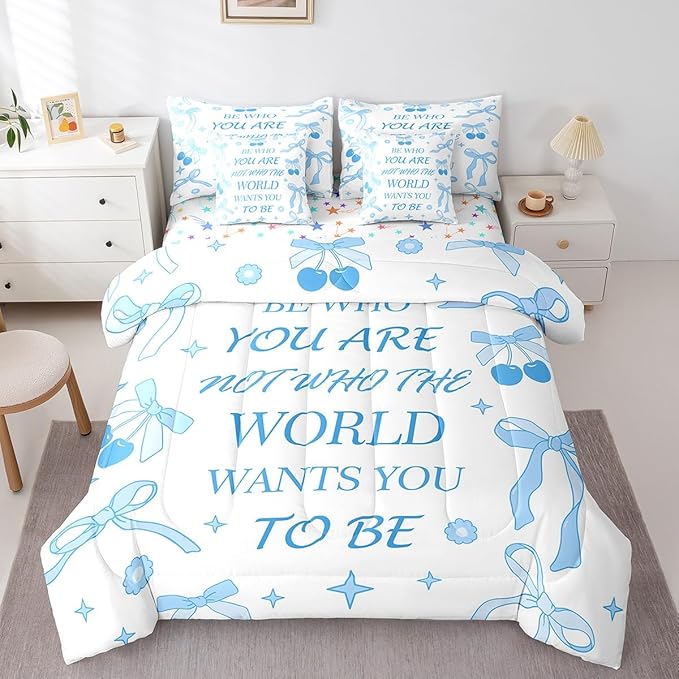 7 Pieces Blue Bowknot Kids Comforter Set Queen,Cherry Tropical Fruit Cartoon Princess Bedding Set,Bow Tie Stars Daisy Cute Blue Dreamy（Comforter+Fitted+Flat Sheet+2 Pillowcases+2 Throw Pillow Covers）