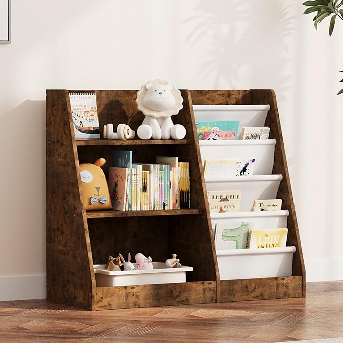 NACHES 3 Tier Kid Bookshelf Wooden 4 Sling Children Bookcase Adjustable Toddler Book Rack Display Toy Storage Organizer Book Display Shelf Stand Classroom Bedroom Nursery Playroom,25 inch(Rustic)