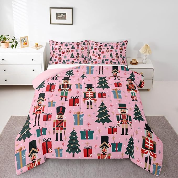 Feelyou Nutcracker Comforter Set All Season Merry Christmas Tree Bedding Set with 2 Pillow Cases Snowflake Kids Queen Bedclothes Soldier Print Decor Duvet Quilt Soft Lightweight