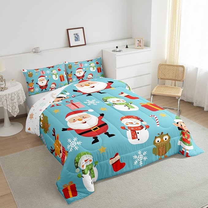 Erosebridal Merry Christmas Comforter Set Cartoon Santa Claus Quilts King Size Holiday Snowman Deer Elk Bedding Set Xmas Decor for Kids Boys Teens Cute Owl Animal Down Comforter,Blue