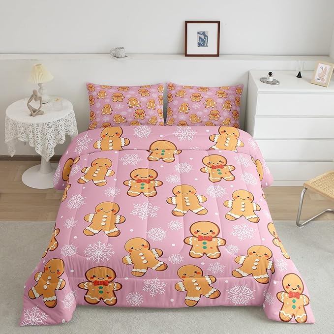 Erosebridal Christmas Gingerbread Queen Bedding Set 7 Piece,Cute Gingerbread Man Bed in A Bag,Xmas Snowflake Comforter Set Girls Sheet Set with Comforter,Pink Christmas Decoration