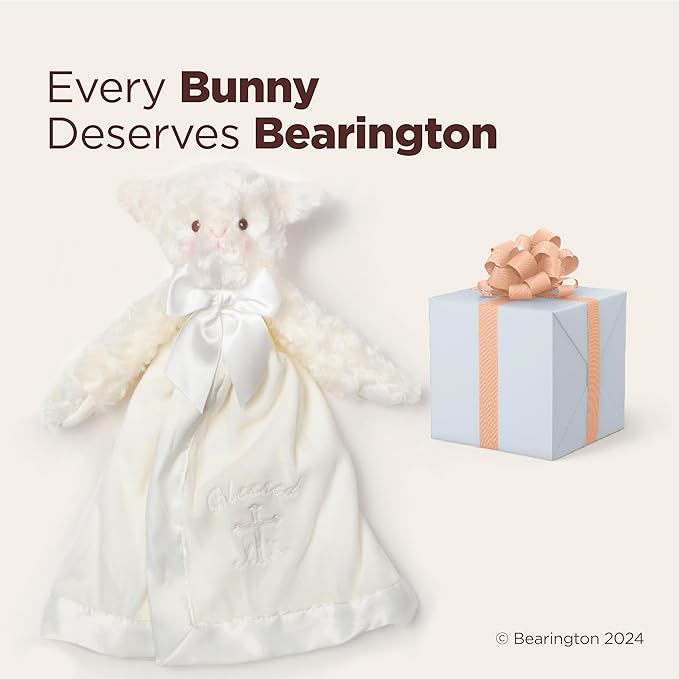 Bearington Collection Lamb Plush Security Blanket Lovey Christening Stuffed Animal - 15 in White Satin Trim - Baptism Lamb Security Blanket