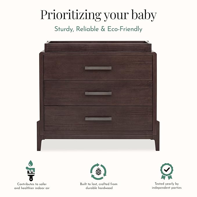 Evolur Atlas Nursery Dresser with Changing Tray | 3-Drawer Hardwood Chest for Baby Room | Roasted Chestnut