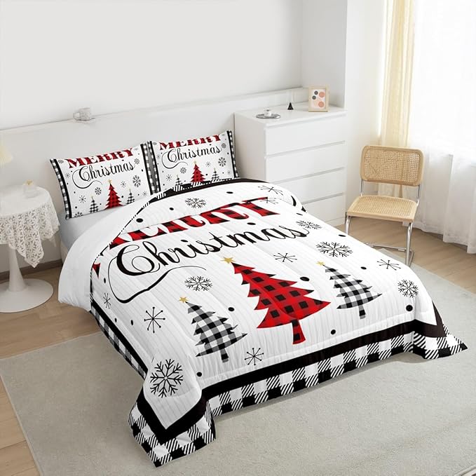 Merry Christmas New Year Kids Comforter Set Queen Size,Snowflake Pine Trees Bedding,Girls Boys Adults Bedroom/Xmas Cabin Decor,Grids Geometric Fashion Down Comforter,Rustic Duvet Insert,2 Pillowcases