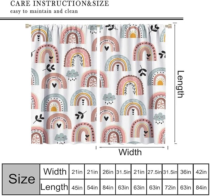 Kids Rainbow Curtains Boho Cartoon Colorful Stars Love Heart Lovely Abstract Art Pattern Print Window Drapes for Girl Bedroom Living Room Kitchen Decor,2 Panel Set,42Wx63H Inch Blackout