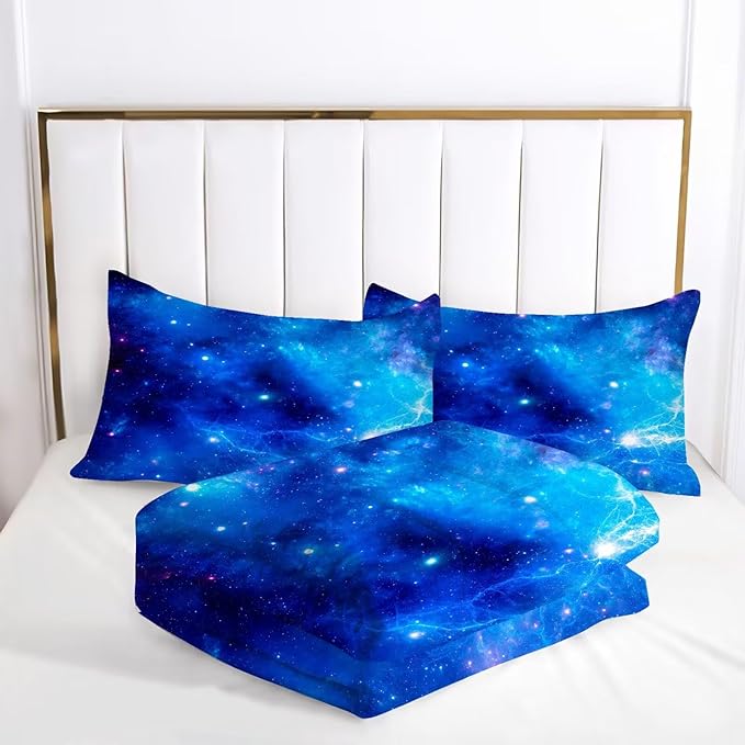 kxry Blue Galaxy Space Comforter Set Full Size Outer Space Starry Sky Universe Bedding Sets for Girls Teens Kids Soft Microfiber Lightweight Comforter Set with 1 Comforter + 2 Pillow Cases