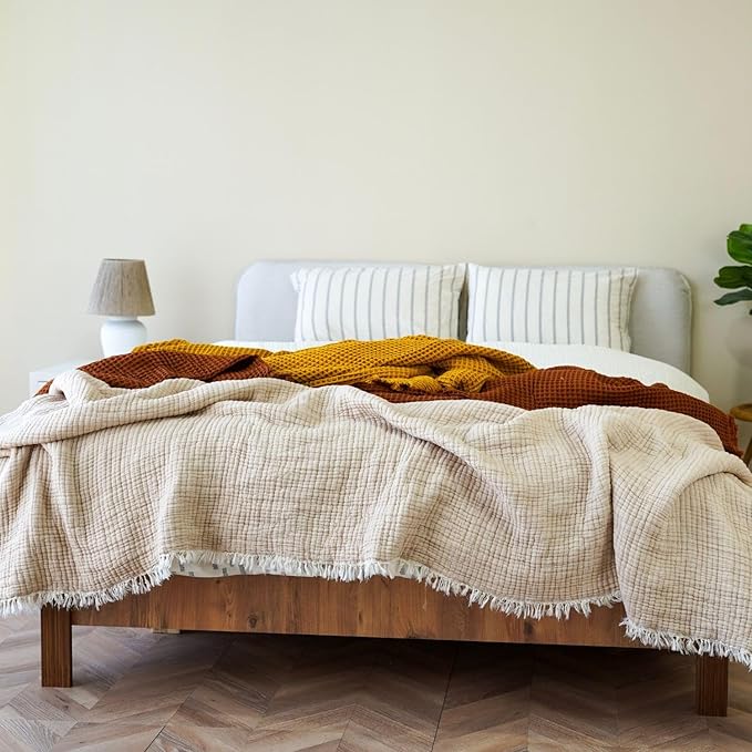 Cotton Muslin Blanket – Soft Muslin Comforter Quilt Made from Premium Muslin Fabric, Lightweight Breathable Cotton Quilt for All Seasons (Cream Beige, Queen (U.S. Standard))