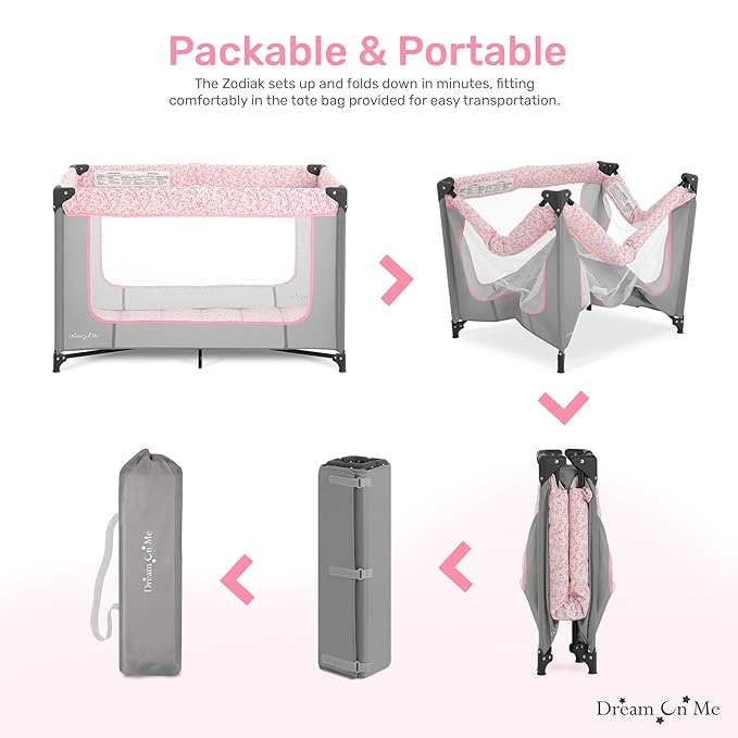 Dream On Me Zodiak Portable Playard in Grey and Pink, Lightweight, Packable and Easy Setup Baby Playard, Breathable Mesh Sides and Soft Fabric - Comes with a Removable Padded Mat