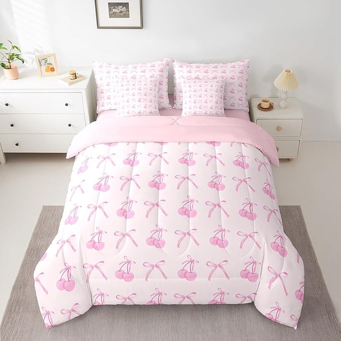 Manfei 7 Pieces Cartoon Bowknot Kids Comforter Set King,Pink Bow Tie Butterfly Knot Princess Bedding Set,Cherry Bow Patchwork Romantic（Comforter+Fitted+Flat Sheet+2 Pillowcases+2 Throw Pillow Covers）
