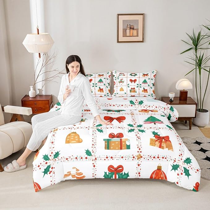 Feelyou Christmas Decor Kids Comforter Set Queen Size Red Bowknot Bedding Set New Year Gift Duvet Quilt for Kids Boys Girls Bedroom Happy New Year Decor Microfiber Ultra Soft Breathable