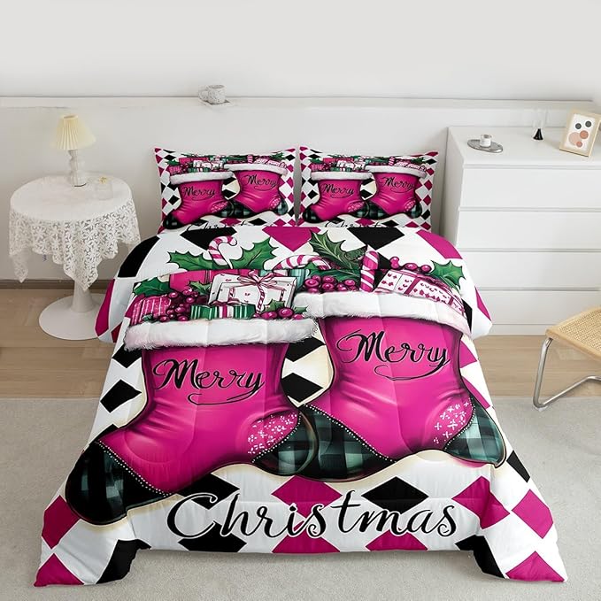 Feelyou Merry Christmas Comforter Set All Season Cartoon Shoes Bedding Set with 1 Pillow Cases Microfiber Kids Twin Bedclothes Winter Bedroom Decor Duvet Quilt Breathable Soft