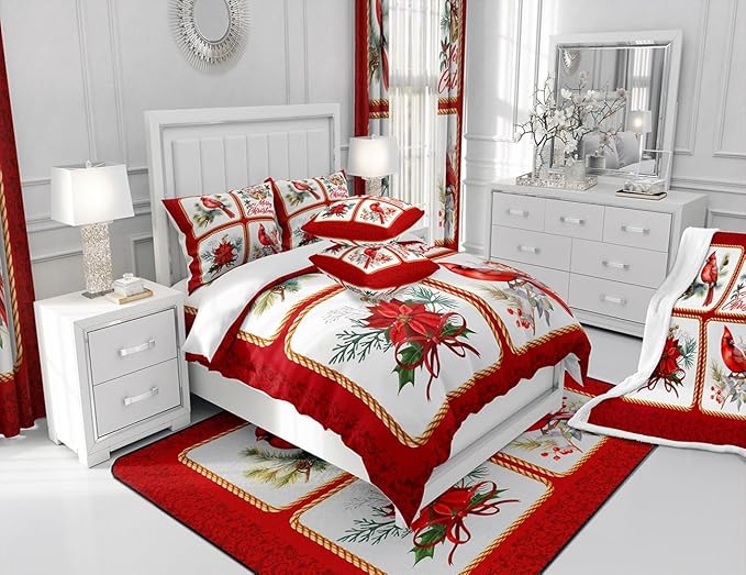 Castle Fairy Christmas Full Size Comforter Set,Xmas Cardinals Floral Bells Checkered Bedding Comforters Bedroom Collection,Cute Bird Watercolor Red Geometric Bedding Set for Girls Teens