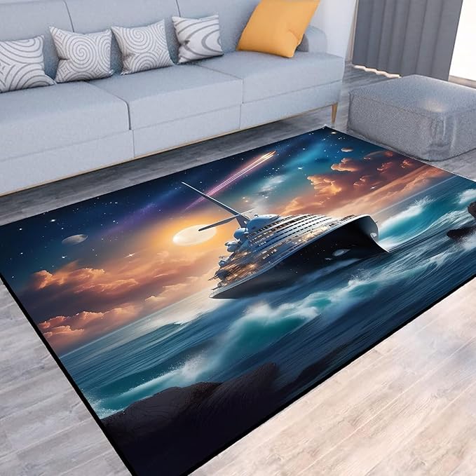 Galaxy Rug for Boys Room Nautical Ferry Boat Rugs for Kids Bedroom Cloud Ocean Space Carpet Sun Planet Printed Throw Rugs Doormat Living Room,31 in X 47 in